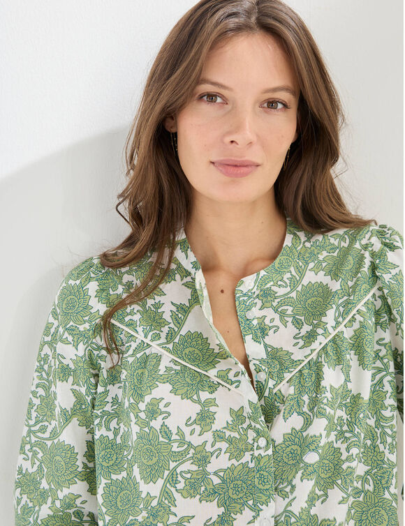 Chemisier imprim&eacute; bicolore, voile de coton (&eacute;cru / vert)
