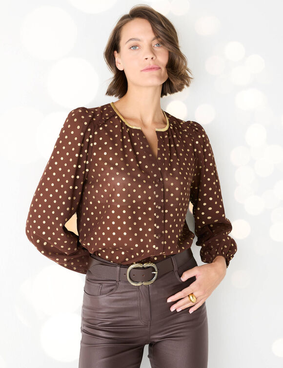 Chemisier imprimé pois doré, voile (chocolat)