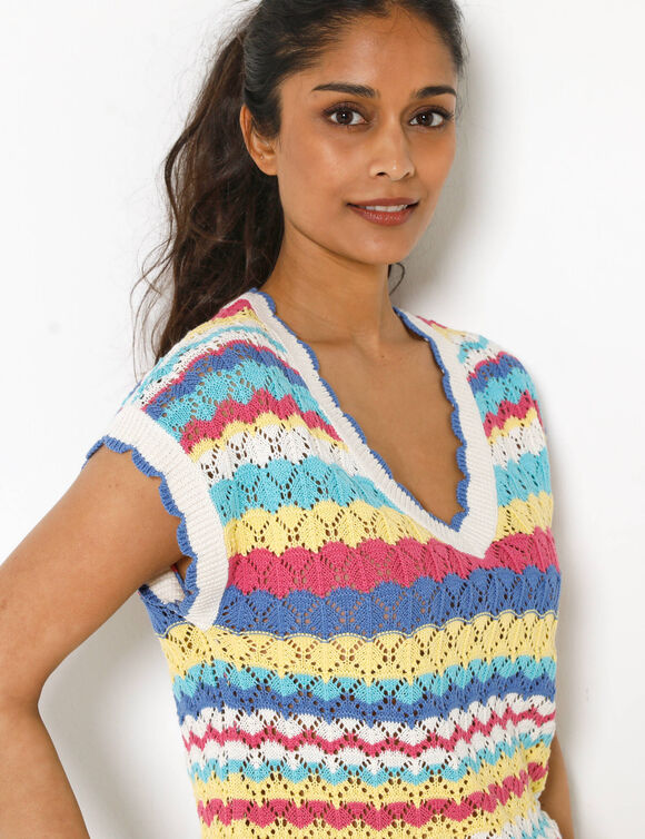 Pull ray&eacute; en crochet festonn&eacute; col V, manches courtes (bleu / jaune)