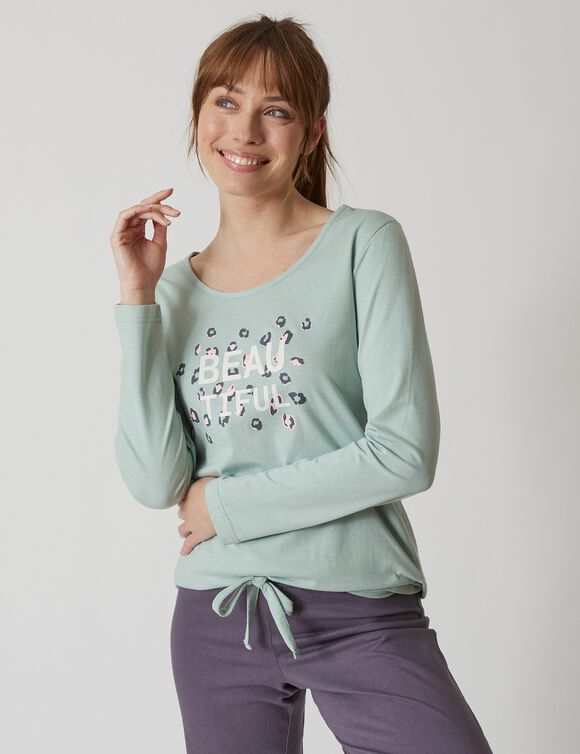 T-shirt met lange mouwen in effen katoen geplaatste "Beautiful" print (celadon)