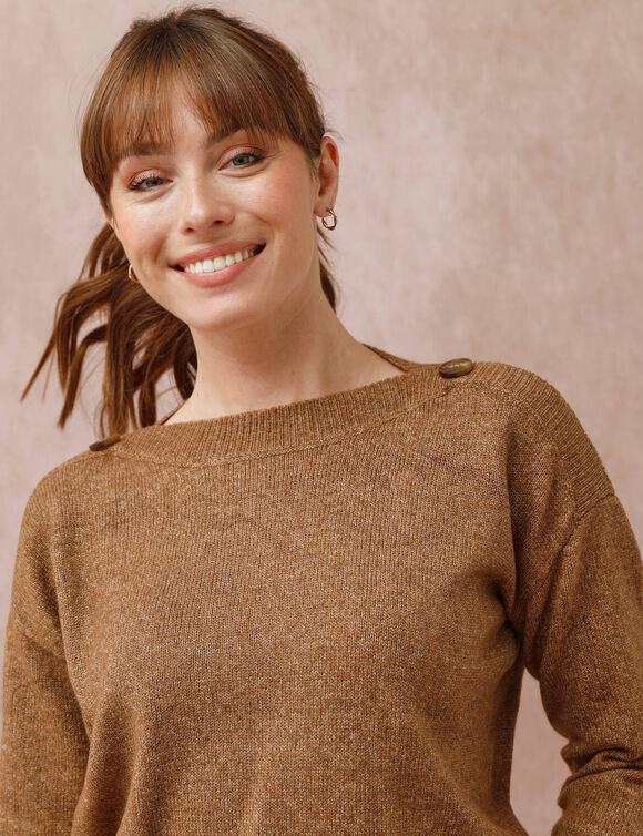 Pull col bateau uni, épaules boutonnées (taupe chiné)