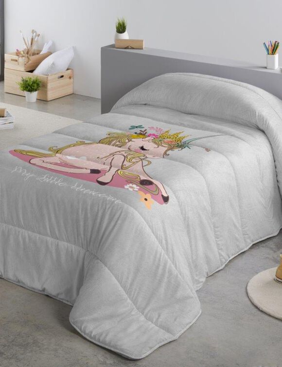 Couette microfibre enfant petite licorne 200 g/m² (gris / rose)