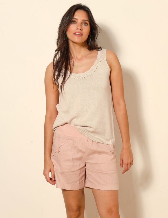 Short droit à revers, lin coton (rose poudré)