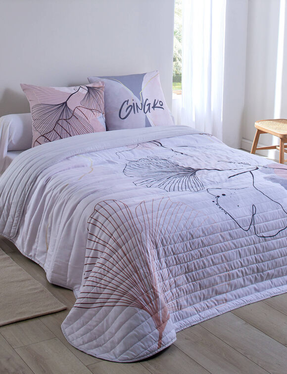 Gematelasseerde bedsprei met ginkgoprint (grijs / roze)
