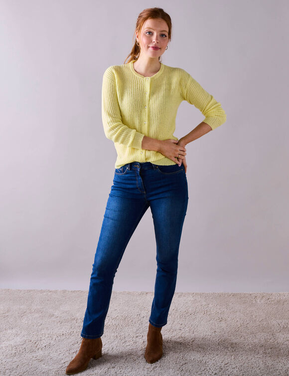 Cardigan boutons perles fantaisie, maille anglaise toucher doux (jaune pâle)