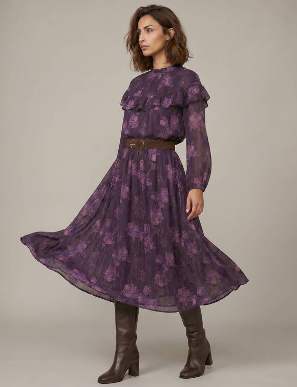 Blouse volant&eacute;e col montant, manches longues, voile imprim&eacute; fleurs (violet)