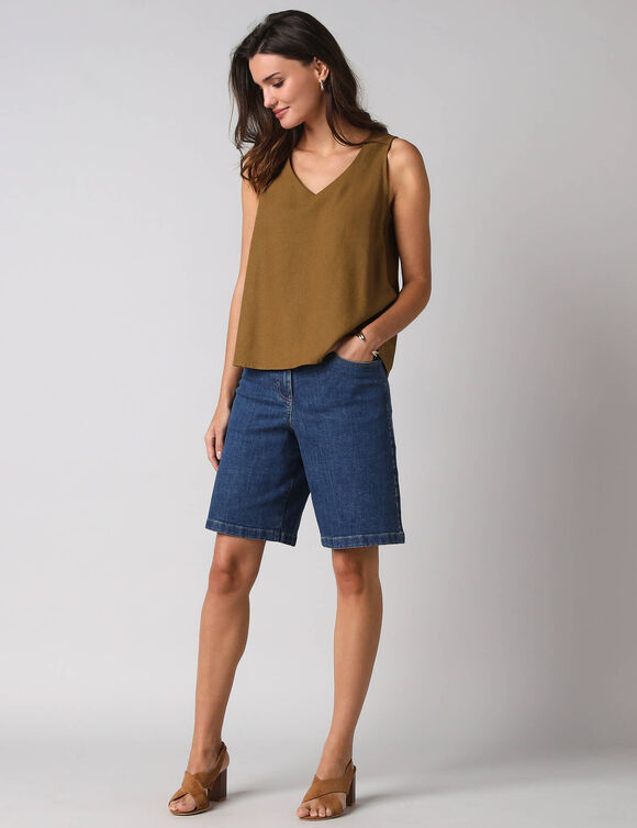 D&eacute;bardeur larges bretelles col V, viscose et lin (vert olive)