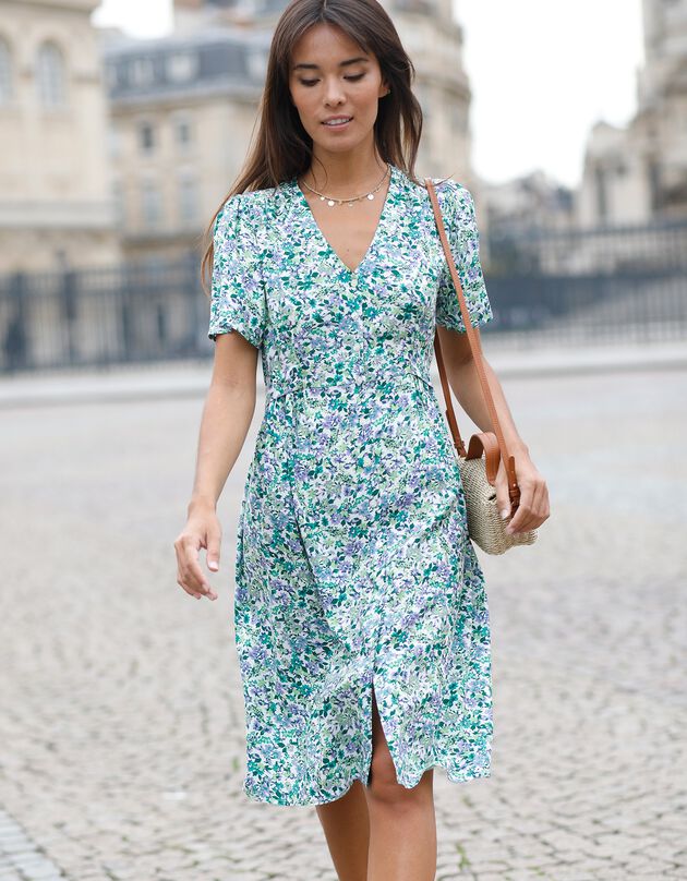 Robe fluide boutonnée imprimée (vert / bleu)