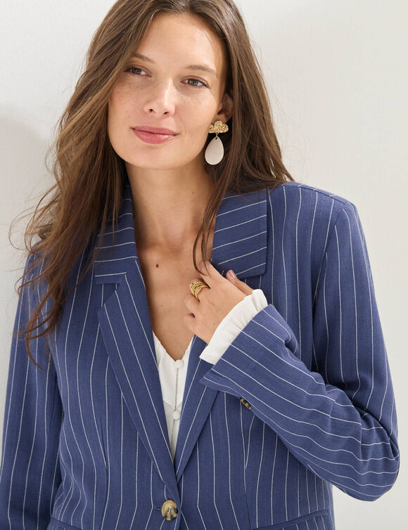 Veste blazer ray&eacute;e, viscose-lin (bleu)