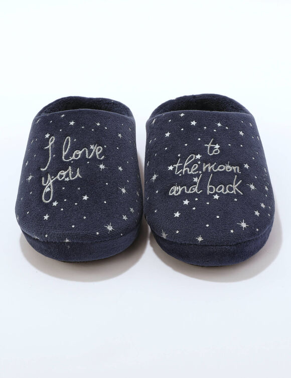Chaussons mules polaire brodés texte (bleu nuit)
