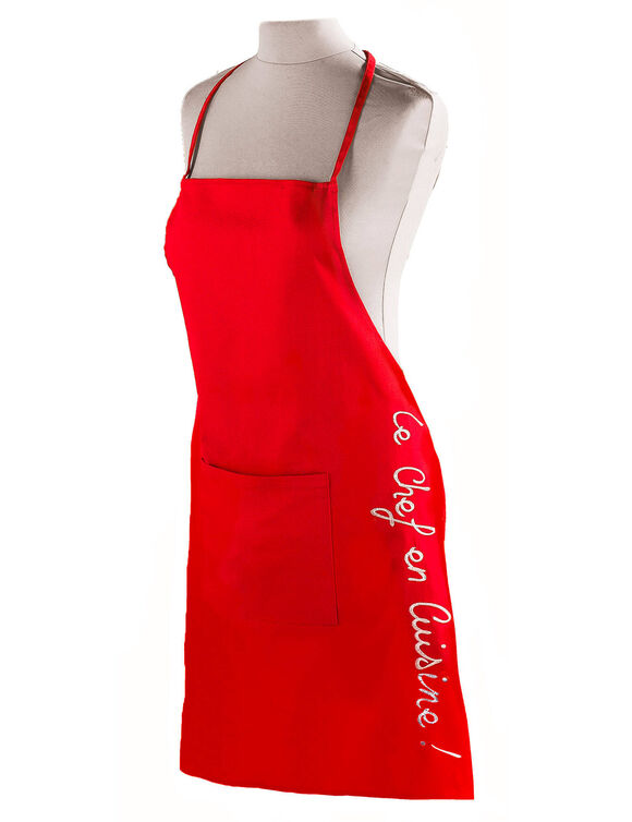 Effen schort met "Le chef en cuisine" borduursel (rood)