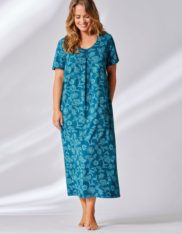 Chemise de nuit longue imprimé floral bicolore manches courtes, bleu canard Chemise de nuit longue imprimé floral bicolore manches courtes, bleu canard, hi-res
