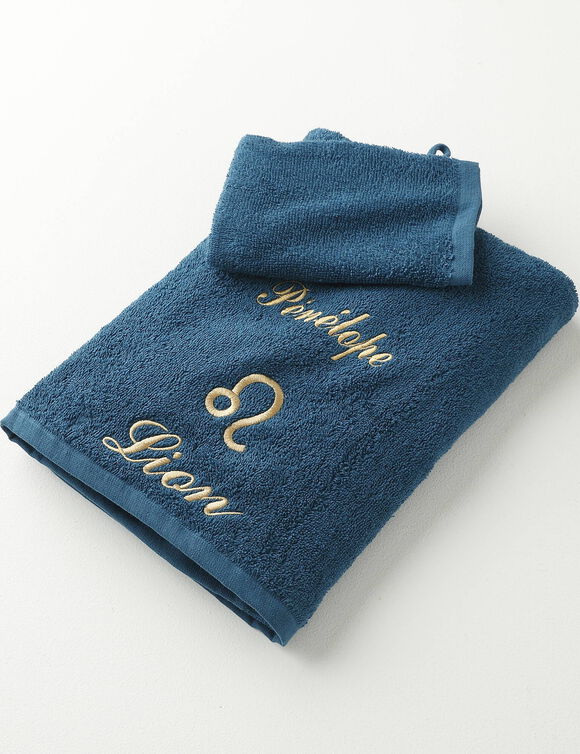 Serviettes de bain brodées Lion personnalisable - 420g/m2 (bleu paon)