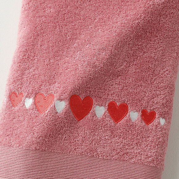 Serviettes de bain brodées cœurs (vieux rose)