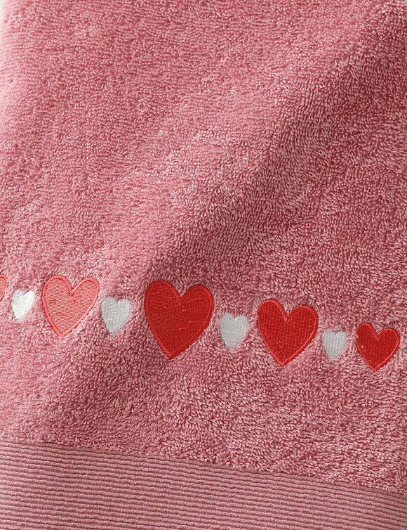 Serviettes de bain brodées cœurs (vieux rose)