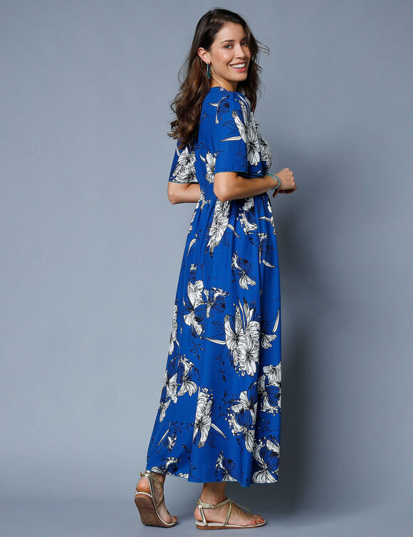 Robe longue imprim&eacute;e, manches &eacute;vas&eacute;es  (bleu)