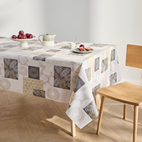 Nappe toile cir&eacute;e imprim&eacute; patchs feuilles (beige)