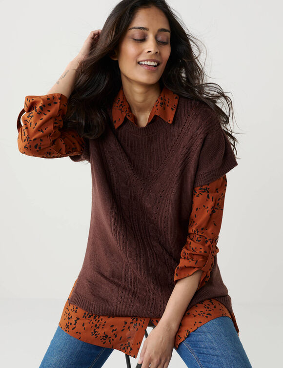 Pull-tunique sans manches, maille fantaisie (chocolat)