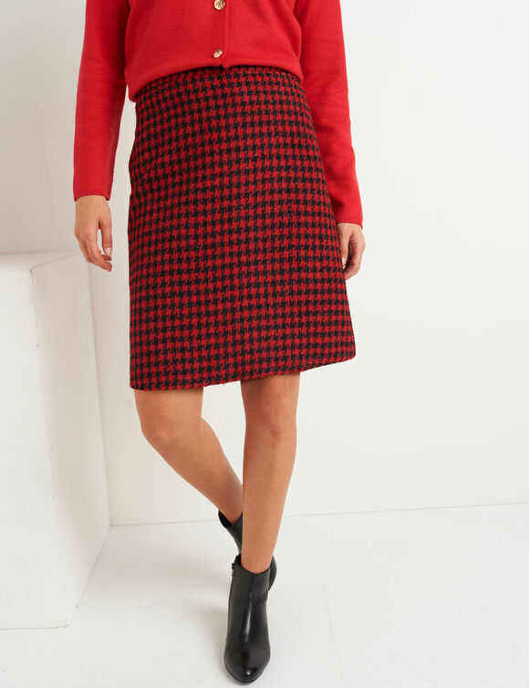 Jupe trapèze courte en tweed, carreaux bicolores (noir / rouge)
