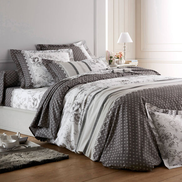 Bedlinnen Gabrielle in flanel met bloemenprint en kant (grijs)