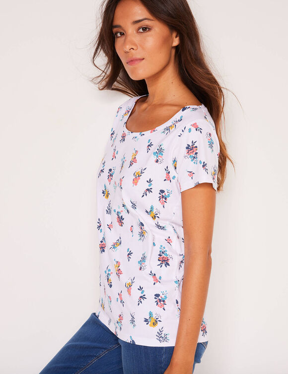 T-shirt col rond imprimé fleuri coton (blanc)