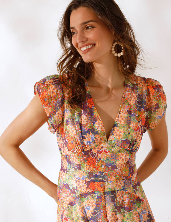 Robe col V mancherons volantés, voile imprimé (violet / pêche)