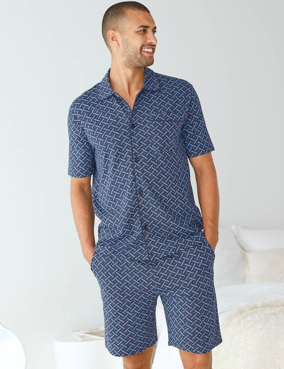 Shortama in bedrukt tricot, met knopen (marine)