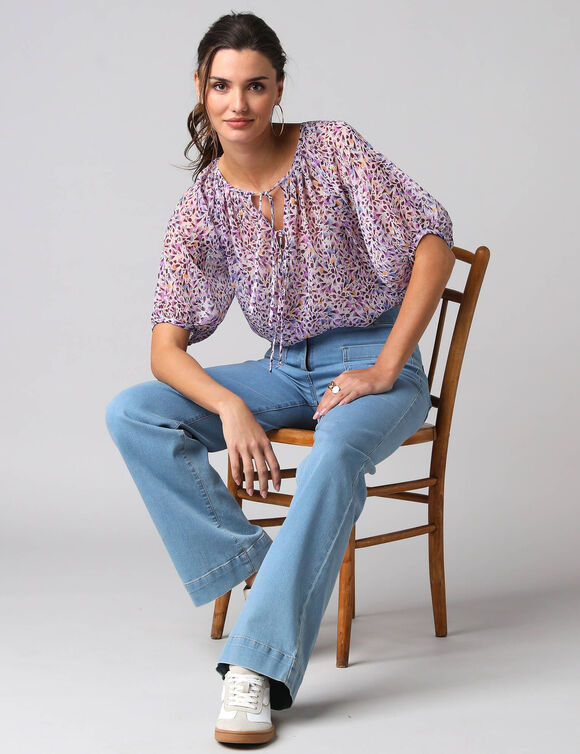 Blouse manches coude voile chiffon, col fronc&eacute; (&eacute;cru / parme)