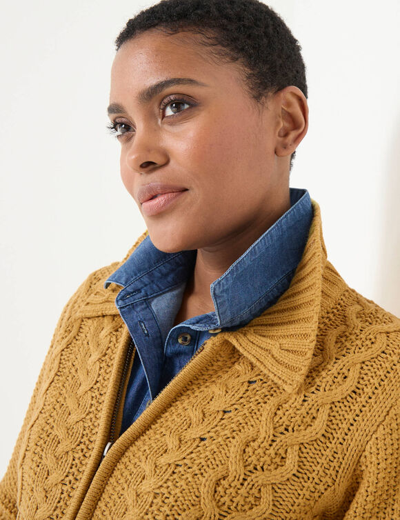 Gilet zippé col polo, maille torsadée (curry)