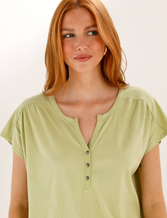 Tee-shirt col tunisien manches courtes, uni (vert tilleul)