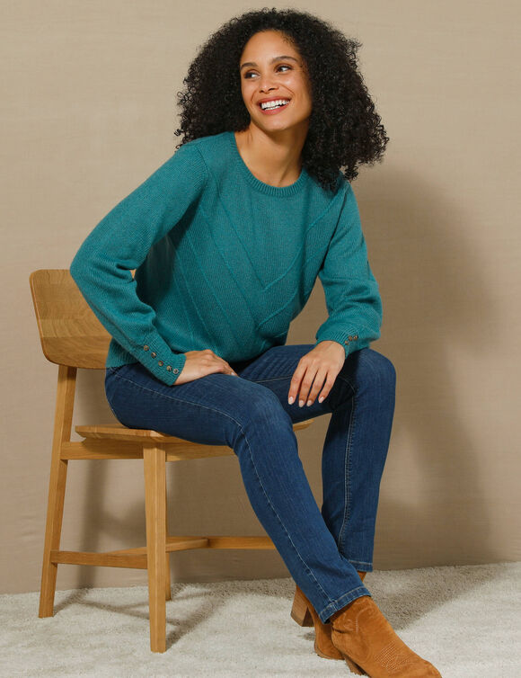 Pull maille fantaisie et détail boutons poignets, toucher doux  (turquoise foncé)