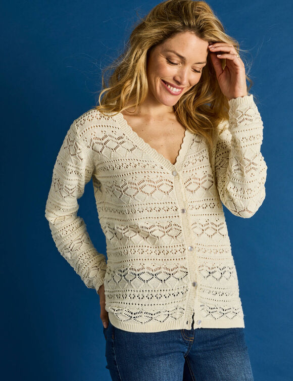 Vest met V-hals en knopen, fantasietricot (ecru)