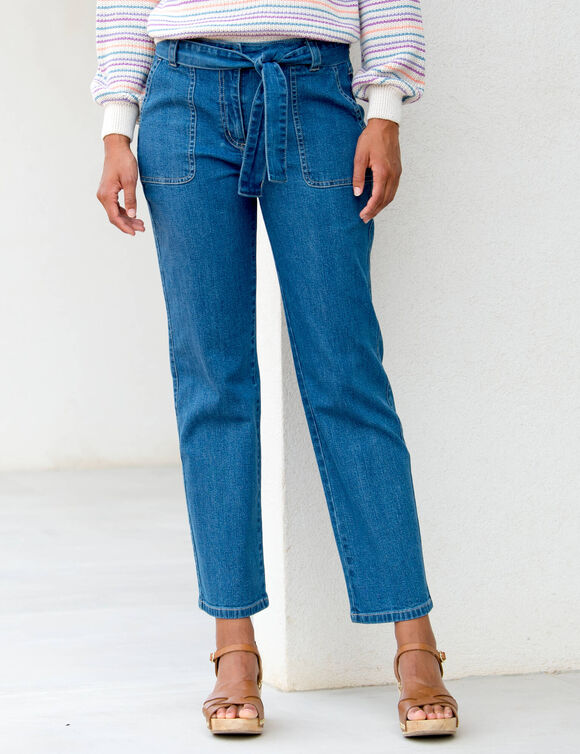 Jean droit taille haute, ceinture à nouer (bleached)