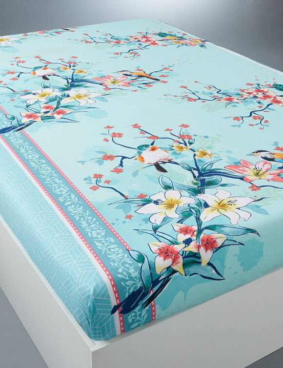 Linge de lit Birdy en coton imprim&eacute; oiseaux (lagon)