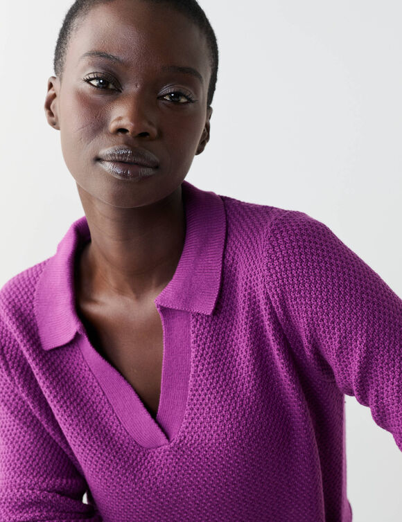 Pull col polo, maille fantaisie  (violet)