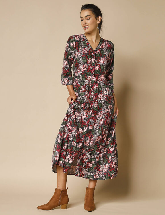 Robe longue boutonnée, imprimé fleuri (noir / rose)