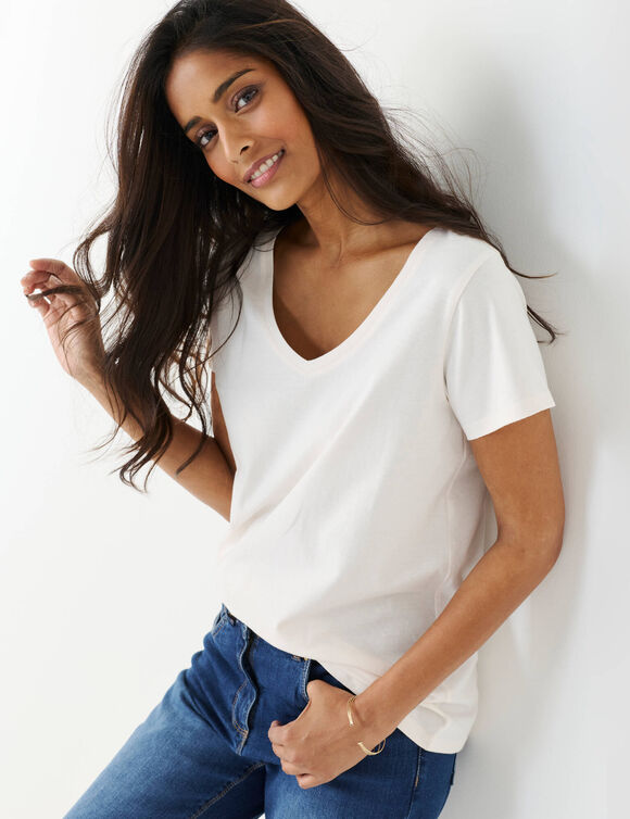 T-shirt col V uni manches courtes, coton (&eacute;cru)