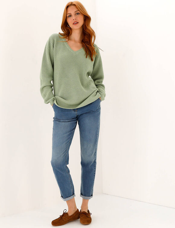 Pull tunique col V, maille anglaise (vert p&acirc;le)