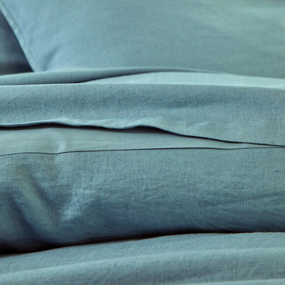 Linge de lit uni biface lin lavé / coton lavé  (bleu grisé)