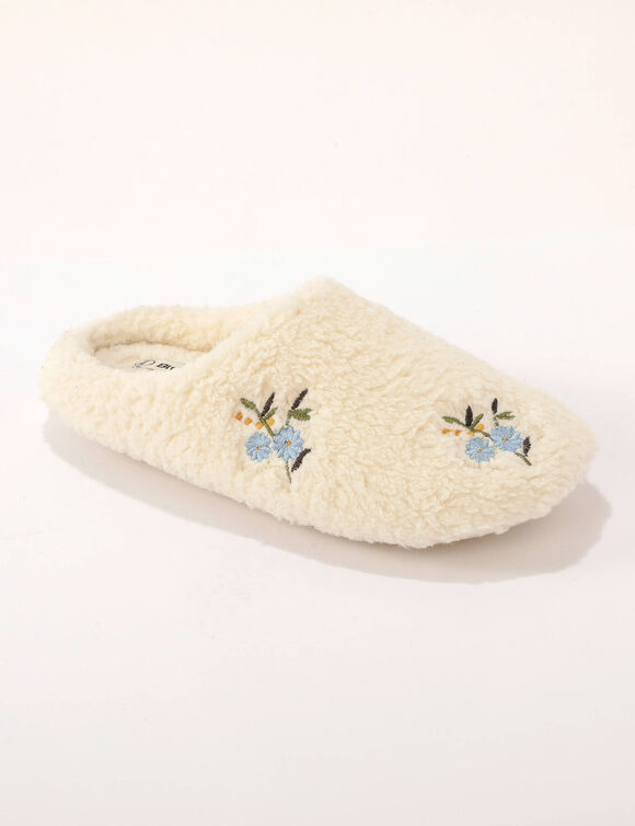 Mules met voering en geborduurde bloemen (ecru)