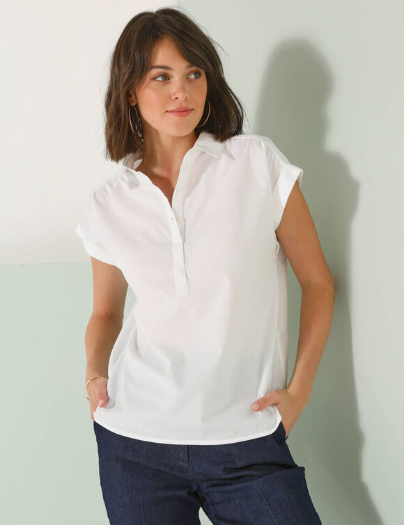 Blouse manches courtes à revers unie (blanc)
