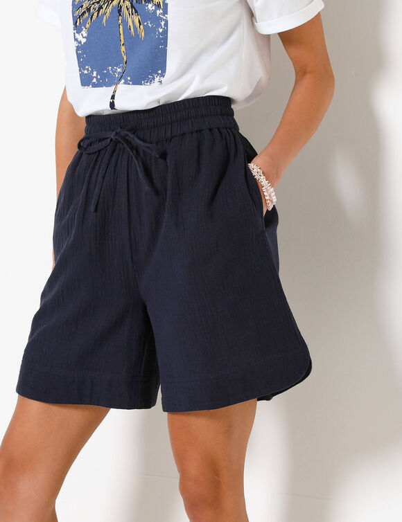 Short large taille haute, gaze de coton (marine)