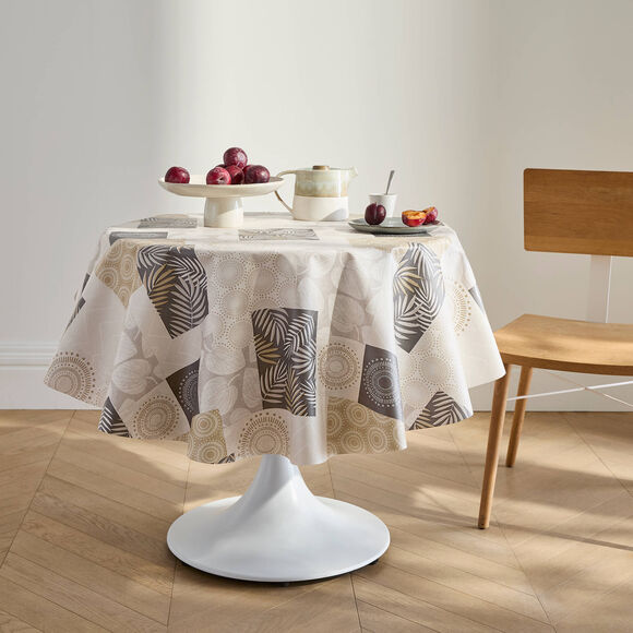 Nappe toile cir&eacute;e imprim&eacute; patchs feuilles (beige)