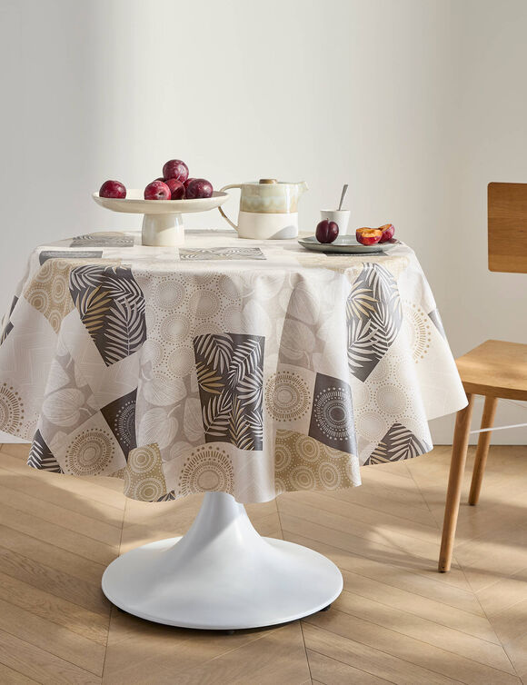 Tafellaken in toile cir&eacute;e met patchprint van bladeren (beige)