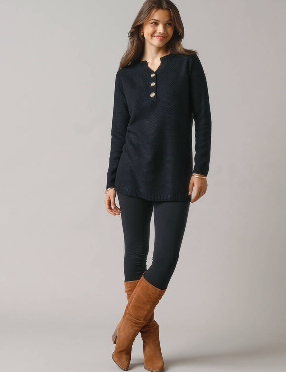 Pull tunique col tunisien, maille fantaisie (zwart)