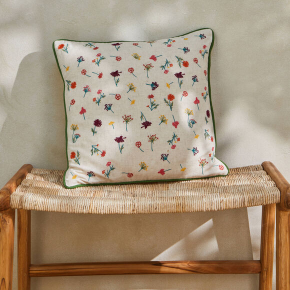 Coussin coton lin broderie fleurie (vert / orange)