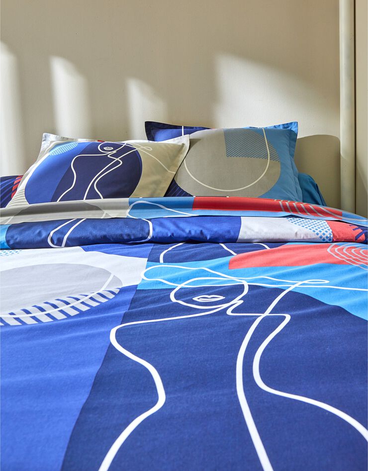 Linge de lit Arty coton à motifs visages (bleu)