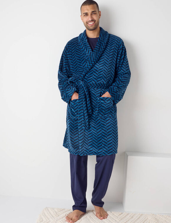 Robe de chambre polaire toucher peluche imprim&eacute; chevrons (bleu p&eacute;trole)