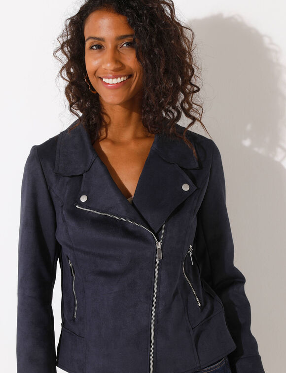 Blouson zippé col tailleur pressionné, suédine (marine)