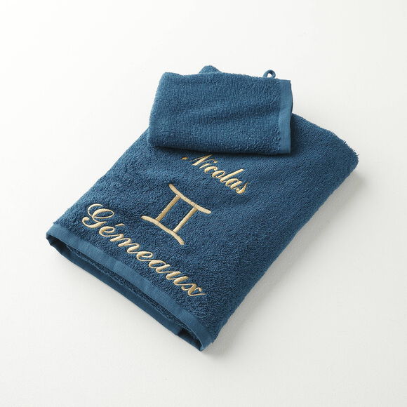 Handdoeken met "Gémeaux" borduursel, personaliseerbaar - 420 g/m2 (pauwblauw)